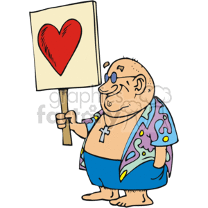 The image depicts a bald, smiling cartoon figure with a visible belly, wearing glasses, a colorful beach shirt, a pair of blue swim shorts, and a cross necklace, suggesting a Christian theme. The character is holding a sign with a red heart on it, which conveys a message of love or affection. The backdrop is not visible, which means the beach reference in the keywords is not represented in this particular image.