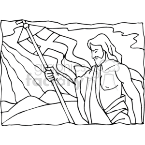 The image is a black and white line drawing depicting a figure resembling Jesus Christ holding a flag. The figure has long hair, a beard, and is wearing a draped cloth, which are commonly associated with artistic representations of Jesus. The flag is on a pole and appears to be fluttering in the wind. The background is plain with minimal detail to accentuate the figure in the foreground.