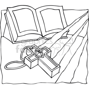   The clipart image depicts an open Bible or a book with blank pages, resting on a draped cloth. In front of the open book, there is a Christian cross with a design or possibly a jeweled pattern, lying down and appearing to have a circular loop as if it