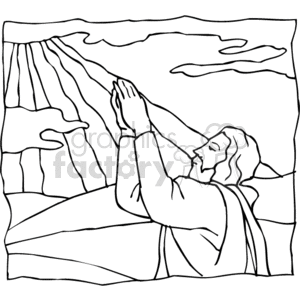 The clipart image shows a stylized illustration of a person, likely intended to represent Jesus Christ, praying with hands clasped together. The figure appears to be facing a light source, suggesting a spiritual or divine presence. The background features abstract shapes that might represent the natural environment, like rocks or a mountain, and clouds or the sky.