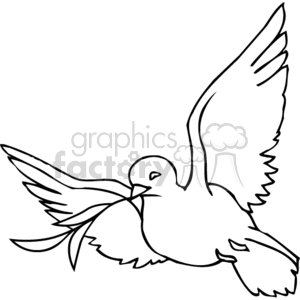 The clipart image features a line drawing of a dove in mid-flight with its wings spread wide and a branch in its beak. The dove is often associated with peace and the Holy Spirit in Christian symbolism.