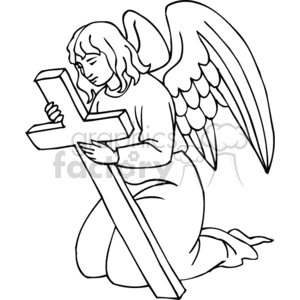 The image is a black and white line drawing clipart depicting an angel kneeling and holding a cross. The angel has wings and appears to be in a peaceful, reverent pose, focusing on the cross.