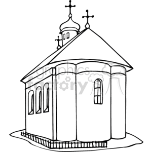 The image depicts a line drawing of a Christian church. Notable features include a domed steeple with a cross atop, arched windows, and a semi-circular architectural design indicating possibly an apse, typical of many church floor plans.