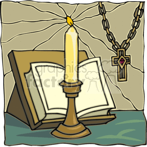   The clipart image features key elements often associated with the Christian religion. It shows an open Bible as the central object, which is the holy scripture in Christianity. Next to the Bible, there
