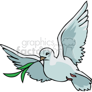 The image depicts a stylized illustration of a dove in mid-flight, carrying a green olive branch in its beak. The dove is often associated with peace and the Holy Spirit in Christian iconography.