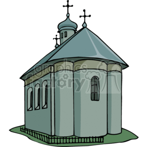The image shows a cartoon-style illustration of a Christian church. This church has a traditional design with a cross-topped steeple, arched windows, and a domed roof.