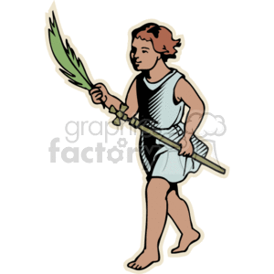 The clipart image features a young child dressed in what appears to be ancient attire, reminiscent of Biblical times. The child is holding a palm branch, which is often associated with Christian religious events like Palm Sunday, a celebration commemorating Jesus' triumphant entry into Jerusalem where followers laid palm branches in his path.