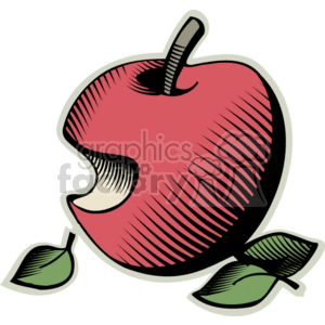 The clipart image features a red apple with a bite taken out of it and two green leaves attached to its stem.
