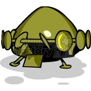 The image is a stylized clipart of a UFO (Unidentified Flying Object) or spaceship. It has an olive green color with yellow-tinted windows or lights and is depicted with landing gear engaged, suggesting it is on or near the ground. There's a shadow under the craft, highlighting its presence above the surface.