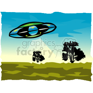This image depicts a cartoon-style UFO (Unidentified Flying Object) with a beam of light descending from its underside, presumably for abducting or scanning. The UFO is large and colored with shades of green and blue, featuring yellowish lights or windows. It hovers in the sky, which is portrayed in a gradient of light blue, indicative of either dawn or dusk. In the background, there are silhouettes of two trees against the sky. Below, there appears to be a rugged landscape, possibly a field or meadow, rendered in shades of yellow and green, suggesting an outdoor, possibly secluded setting typical of many UFO sighting reports.