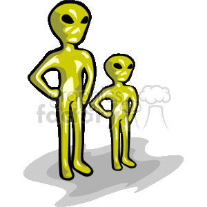 The image features two cartoon-style aliens. The aliens have large heads with big, black eyes and slender bodies. They appear in typical sci-fi fashion, with a glossy, greenish-yellow skin tone. One alien is taller and seems to be an adult, while the other is shorter, possibly depicting a younger individual or a child. They cast a shadow on the ground beneath them, indicating they are standing under a light source.