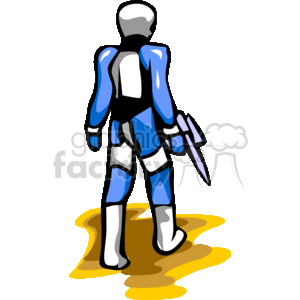 The clipart image depicts a stylized figure that resembles a sci-fi or futuristic alien or astronaut character. The character is clad in a blue and white suit with a smooth, featureless head or helmet. The suit has shoulder and knee pads, and the character is holding what appears to be a blade or weapon. The figure is standing on a yellow surface that could represent an alien terrain.