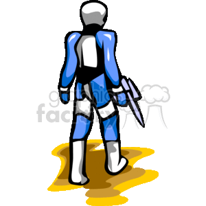   The clipart image depicts a stylized figure that resembles a sci-fi or futuristic alien or astronaut character. The character is clad in a blue and white suit with a smooth, featureless head or helmet. The suit has shoulder and knee pads, and the character is holding what appears to be a blade or weapon. The figure is standing on a yellow surface that could represent an alien terrain. 