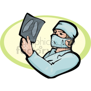 This clipart image depicts a doctor wearing surgical scrubs, including a scrub cap and a face mask, examining an X-ray film. The doctor is holding the X-ray up with one hand and appears to be looking closely at it. The background is an abstract greenish shape that frames the subject.