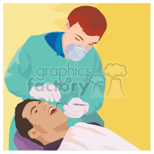   This clipart image depicts a dental scenario. A healthcare professional, possibly a dentist, wearing a surgical mask and a teal scrub, is examining or treating a patient