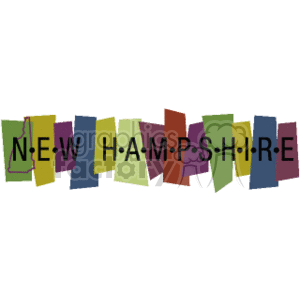 This clipart image features stylized text that spells out NEW HAMPSHIRE in a banner-like arrangement, with each letter displayed on a different colored block. On the far left, there is a graphic representation of the state of New Hampshire.
