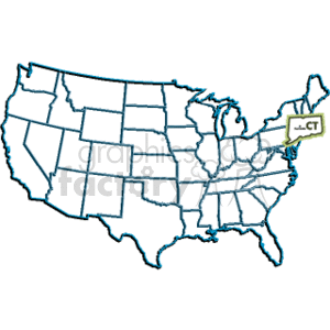 This clipart image features an outline map of the United States with individual states marked by lines. There is a highlight on the state of Connecticut (CT), with a label indicating its abbreviation CT.