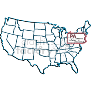   The clipart image shows an outline of the United States with the state lines drawn in. There is a specific highlight on the state of Pennsylvania (PA), indicated with a contrasting color and an inset. Inside the inset, there is a label PA accompanied by icons resembling a keystone and texts that read Harrisburg, Pittsburgh, and Philadelphia, indicating the state