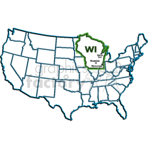   The clipart image displays a map of the United States with state lines drawn out. There is a highlight on the state of Wisconsin, which is colored in green and features a label with the state abbreviation WI and the words Dairy Cheese Nuggets Neward. It appears to be an iconographic representation indicating Wisconsin