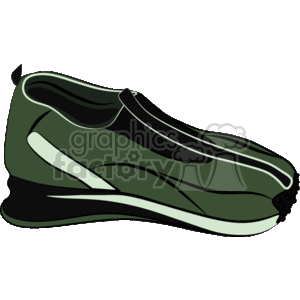 The clipart image shows a running shoe, which is commonly used for running or jogging. The shoe has a sleek design, typically associated with athletic performance, featuring what looks like a dark green upper with lighter green accents, a white midsole, and a black outline to define its shape.