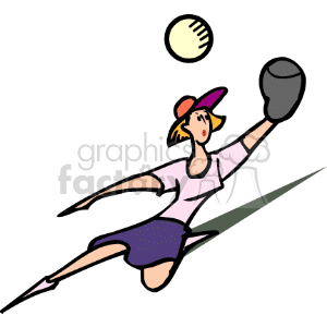 The clipart image shows an animated character that represents a softball player in action. The player, who appears to be female, is wearing a cap, t-shirt, and shorts, and is in the process of catching a softball with a glove. The motion lines behind the player suggest movement and speed.
