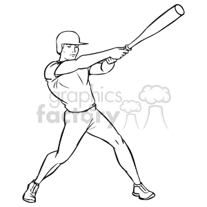 This image depicts a clipart of a baseball player in the action of swinging a bat. The player is wearing a baseball cap, a uniform with a shirt and pants, and cleats. The image is in black and white, with the figure outlined to denote movement and physical exertion associated with hitting a baseball.