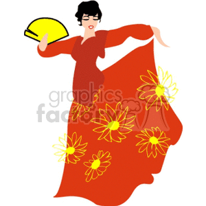 Clipart of a woman dancing in a red dress decorated with yellow flowers, holding a yellow fan.