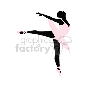 A silhouette of a ballet dancer in a pink tutu, gracefully performing a ballet pose with one leg lifted high and arms extended.