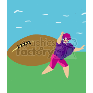 The clipart image depicts a stylized representation of an American football player in the foreground with a large football. The player is wearing a helmet, a purple jersey, and is in a throwing posture. The background is a simplified outdoor scene with a blue sky and clouds, implying the setting is an open field suitable for playing football.