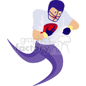  The clipart image depicts a stylized illustration of an American football player in a running pose. The player is wearing football gear which includes a helmet, jersey, gloves, and pants. He is clutching a football in one hand, suggesting he is carrying it down the field while playing a game. The player