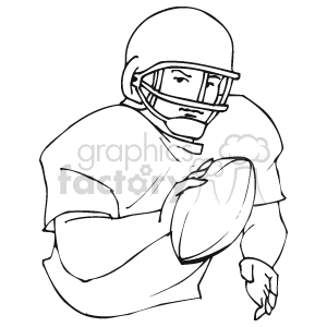 The clipart image shows a stylized illustration of a cartoon football player. The player is wearing a helmet with a face guard, and the padding typically worn by football players. He appears to be in a pose that suggests he is running or about to run, with one arm tucked close to his body holding a football.