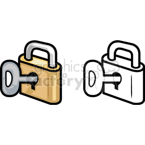 Clipart image of a lock with a key. The image shows two variations: one colored and one in monochrome.