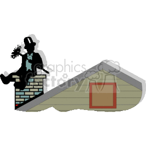 This clipart image features a chimney sweep sitting on top of a house's roof by the chimney. The character is wearing traditional sweep attire, complete with a top hat, and is holding a chimney brush used for cleaning and clearing out soot and debris from the chimney.