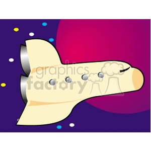 A clipart image of a cartoon space shuttle flying in outer space, with a purple background and scattered dots representing stars.
