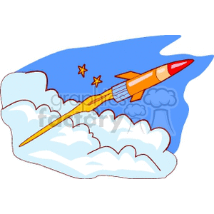 Clipart of a colorful rocket ship flying through the sky with stars and clouds in the background.