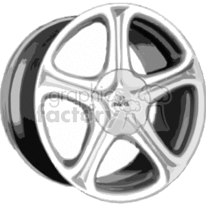 This clipart image depicts a single chrome car wheel rim. The wheel rim appears to be a five-spoke design and is rendered in grayscale.