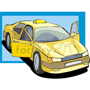 This is a clipart image of a yellow taxi with the driver's door open. It features a classic yellow cab color, typical for taxis, and includes a taxi roof sign, indicating it is a vehicle for hire.