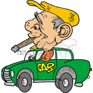 Cartoon taxi driver smoking a cigar while driving his cab