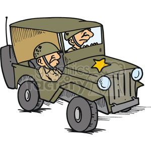 Two Men Driving a Cartoon Military Jeep