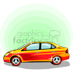 The clipart image depicts a cartoon-style illustration of a shiny, red four-door sedan. The car is presented with a simple greenish circular background that suggests motion or environmental context.
