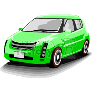   This clipart image depicts a stylized green car. The car is illustrated in a cartoonish manner with emphasized features like the headlights and grille. It appears to be a compact car, presented at a three-quarter front view, showcasing the vehicle