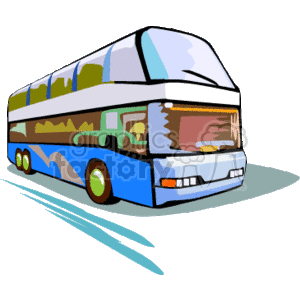 The clipart image features a double-decker bus, primarily blue in color, with a modern design. It is depicted in motion, as indicated by the motion lines trailing beneath it. The bus has large windows, indicative of a tour or travel bus designed to offer passengers expansive views. The windows reflect a sunny day with some greenery, suggesting the bus is in a pleasant, day-time setting.