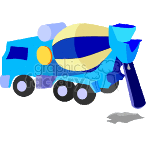 This clipart image features a colorful cartoon of a cement mixer truck, which is a piece of heavy construction equipment used for transporting and mixing concrete. The truck is predominantly blue with a large rotating drum that is partly blue and yellow, where the cement is mixed and stored. The illustration also shows wheels, windows, and a chute that would be used to pour the mixed cement.