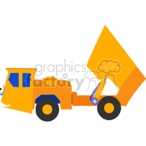 The clipart image depicts a stylized representation of a dump truck, which is a piece of heavy equipment commonly used in construction for transporting and dumping materials like dirt, gravel, or demolition waste.