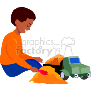 African-American Boy Playing with Toy Construction Truck in Sand