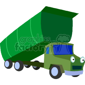 The clipart image features a stylized green dump truck. The truck is depicted with a large dumping bed in an elevated position, suggesting it is unloading material. The truck has a blue windshield, giving it a cartoonish appearance with eyes, adding a friendly character element to the vehicle.