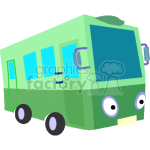 The image shows a stylized, cartoon-like drawing of a green RV (recreational vehicle) or camper with windows, wheels, a doorway, and headlights that resemble eyes, giving it a personified appearance. The RV's design is simple and colorful, making it suitable as a clipart for various purposes.