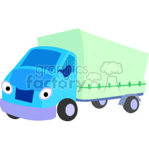 The clipart image shows a colorful, stylized drawing of a heavy equipment construction truck. It features a cheerful, anthropomorphic design with eyes on the windshield, giving the truck a character-like appearance. The truck has a large box cargo area covered with a tarp secured by ropes or straps, indicating that it is used for transportation on land, likely for carrying materials on a construction site or for similar purposes. The truck appears to have a sturdy build to handle heavy loads.