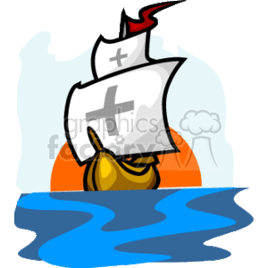   This is an illustration of a stylized sailing ship on water, commonly associated with Columbus Day. The ship has sails with crosses on them which could indicate it is meant to represent one of Christopher Columbus