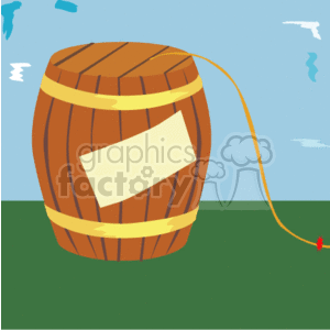 The image depicts a cartoon-style barrel with a fuse attached, suggesting it could be a stylized representation of a barrel of TNT or dynamite. The setting appears to be outdoors with grass at the bottom and a blue sky with white clouds in the background. The barrel has a blank label attached to it, which could imply that it is meant for text customization.